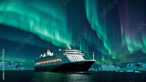 Cruise ship in arctic with northern lights © FadedNeon