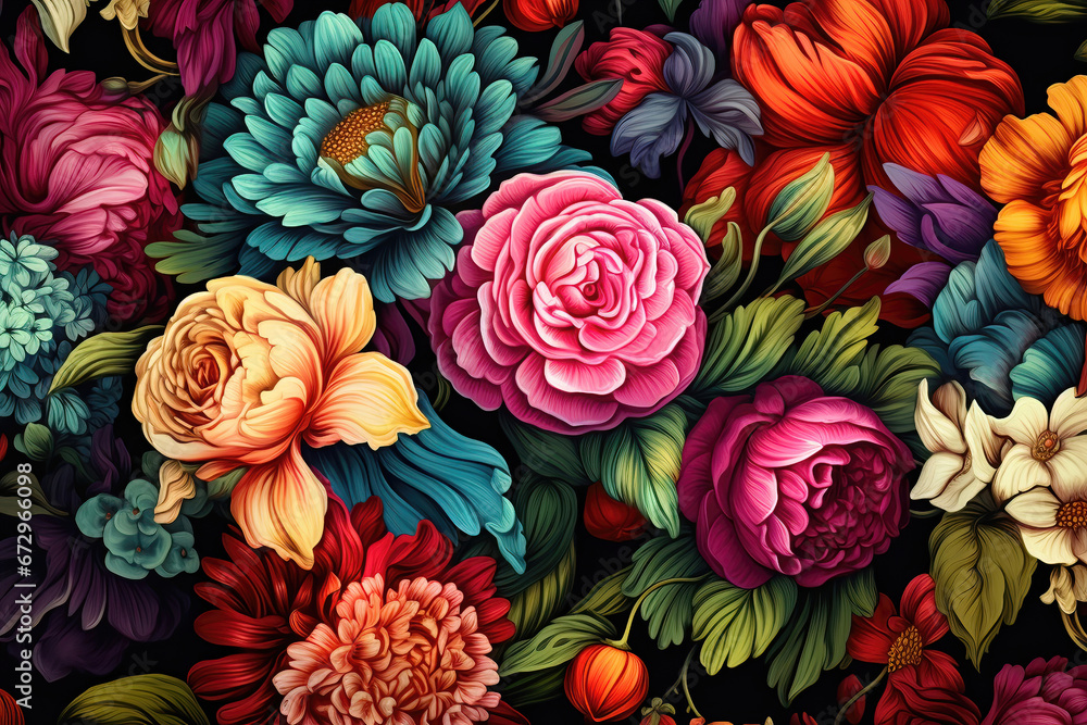 custom made wallpaper toronto digitalColorful flower pattern on dark background, illustration generated by AI