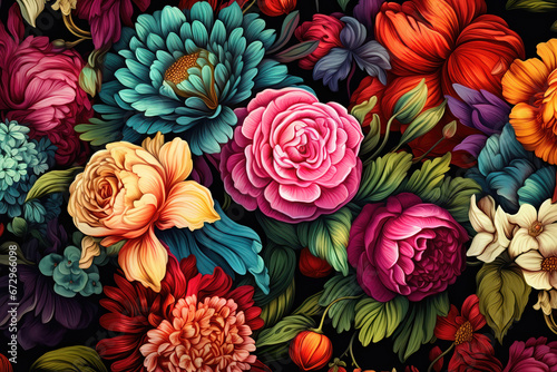 Colorful flower pattern on dark background, illustration generated by AI 