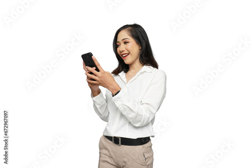 Beautiful Young Asian Businesswoman Excited Cutout Isolated Background © panadesignteam