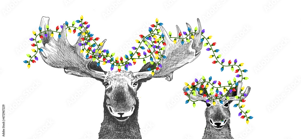 Funny Christmas moose with Christmas tree lights hanging from antlers, holiday party animal drawing for invitations or card, hand drawn sketch of dad moose with son in cute holiday scene - obrazy, fototapety, plakaty 