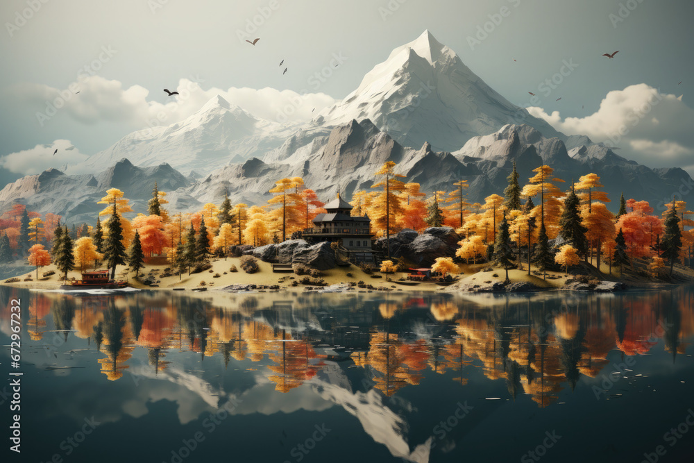 Autumn of a Floating island with lake and beautiful lake 