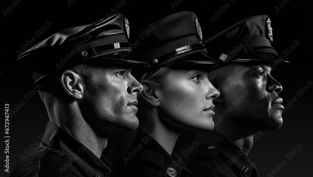 Side view profile portraits of three police officers - obrazy, fototapety, plakaty 
