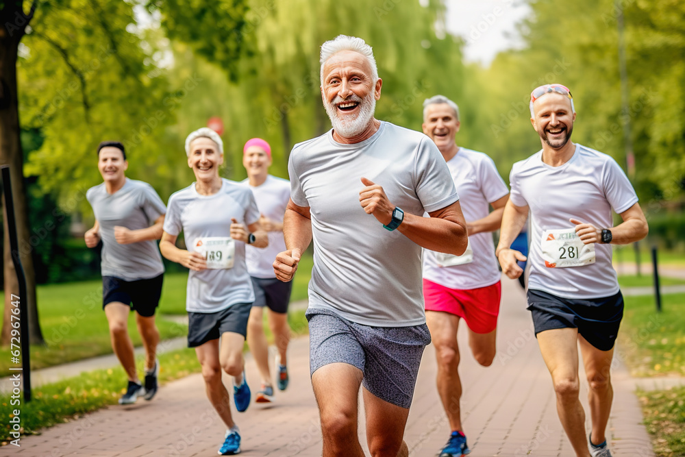 Obraz premium A group of adult men and women are running a marathon in the park with a smile.