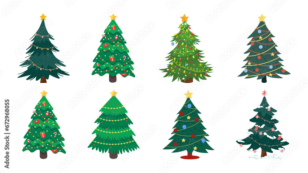 Decorated Christmas trees. Transparent background.
