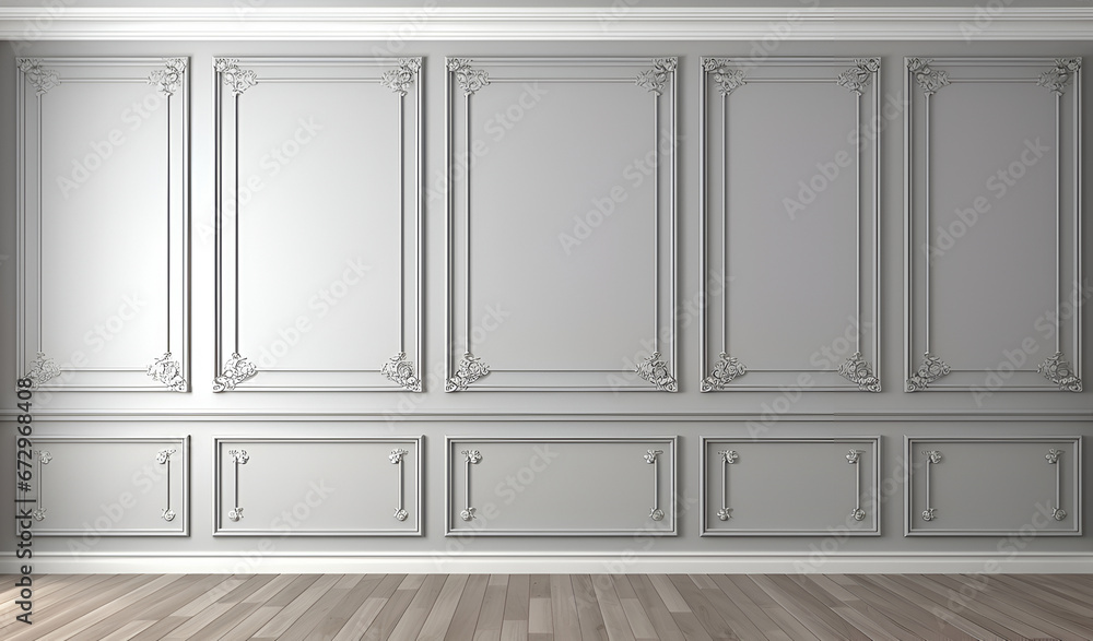 Fragment of an interior made of classic gray panels. Gray wall background with copy space in an empty room with brown parquet floor. Classical wall molding decoration in modern empty luxury home  - obrazy, fototapety, plakaty 