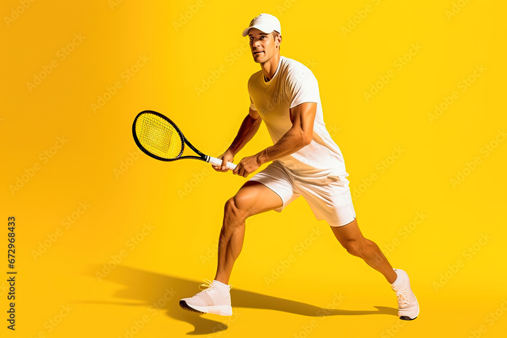 Muscular man with a tennis racket on a yellow background.