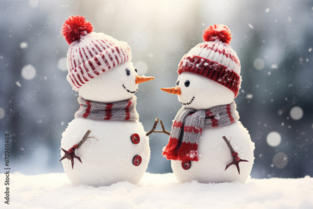Two Snowmen Standing Face to Face