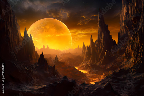 In this alien landscape a vast and luminous orange moon dominates the celestial canvas, casting its enchanting radiance over a surreal landscape of jagged, otherworldly mountains