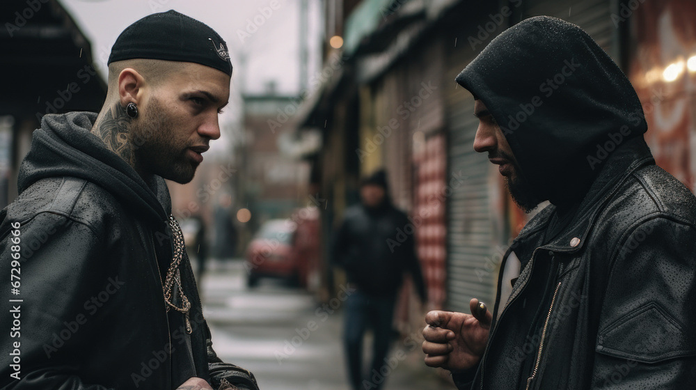 Two gang members having conversation in the street - obrazy, fototapety, plakaty 