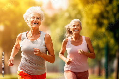 Gray-haired, happy women are engaged in recreational jogging in the park.