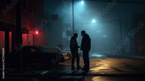 Two gang members having conversation in the street, night scene photo