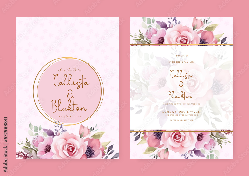 Pink rose and poppy luxury wedding invitation with golden line art flower and botanical leaves, shapes, watercolor