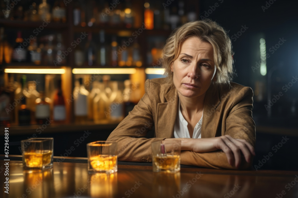 Middle aged sad depressed alcoholic woman in a bar