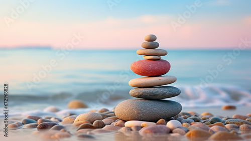 Zen stone tower with peaceful sea and sky bokeh