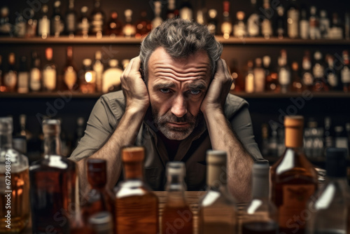 Middle aged sad depressed alcoholic man in a bar photo