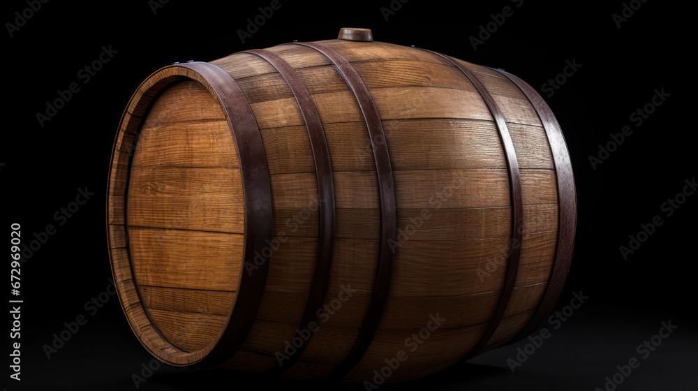 Oak wood wine barrel on black background