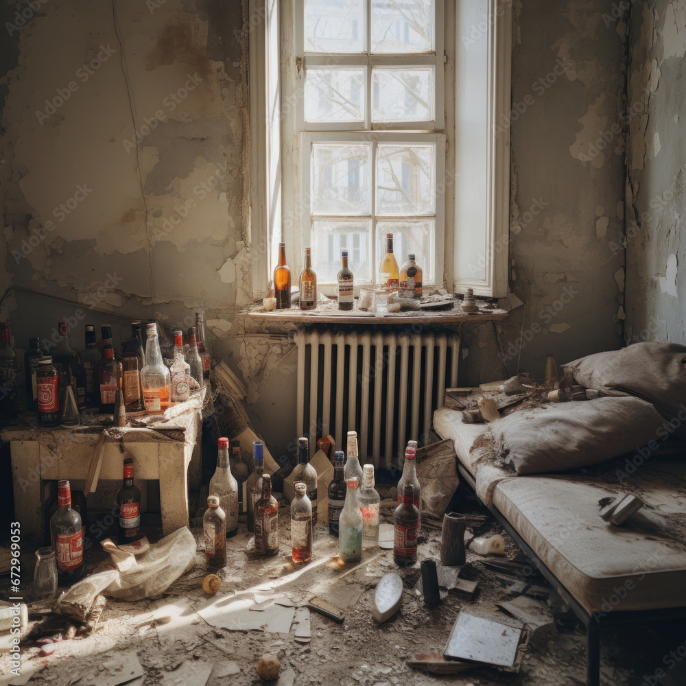 Old dirty apartment with a lot of liquor bottles, concept of life ruined by alcohol Old dirty apartment with a lot of liquor bottles, concept of life ruined by alcohol