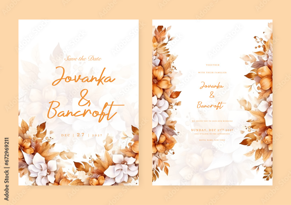 Fototapeta premium Brown and white peony set of wedding invitation template with shapes and flower floral border