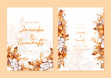 Brown and white peony set of wedding invitation template with shapes and flower floral border