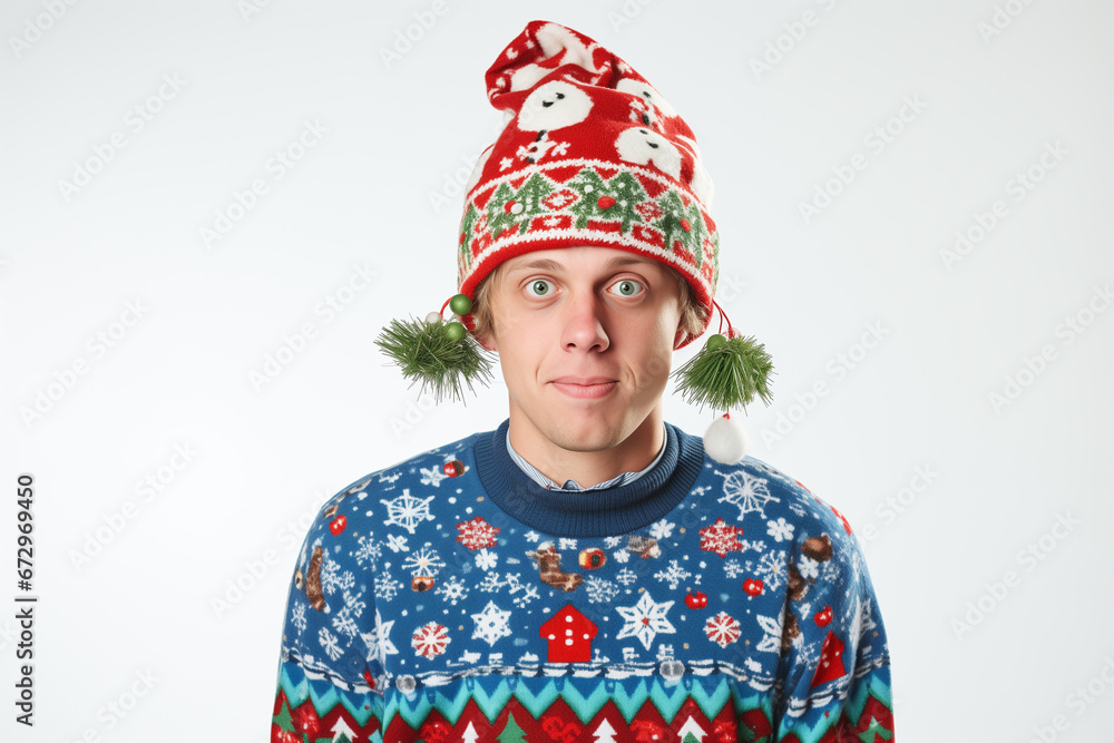 Festive Elegance: Man in Stylish Christmas Attire with Santa Claus Hat in a White Background. Enjoying Christmas on a White Background Festive Elegance: Man in Stylish Christmas Attire with Santa Claus Hat in a White Background. Enjoying Christmas on a White Background
