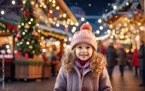 Little girl in a hat and coat on the background of a Christmas tree, christmas market, winter season, happy holidays created with generative ai