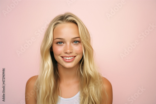 Portrait of Beautiful Young Woman with Blond Hair on Pink Background