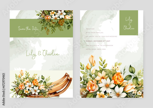 White and orange rose and cosmos rose wedding invitation card template with flower and floral watercolor texture vector