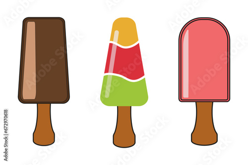 Set of tasty ice creams on a stick, eskimo pie, choc-ice. Gelato with different tastes, eskimo pie, popsicle, collection isolated popsicles with different topping. Vector illustration.