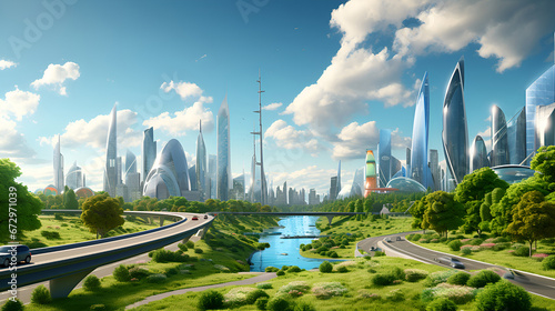 Eco-city concept smart city renewable energy. A modern city with skyscrapers, highways and cars, surrounded by natural landscape.