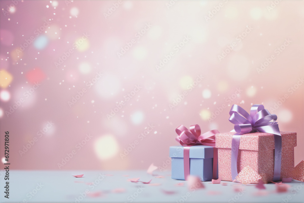 Fototapeta premium Celebration Birthday Background with Parcels Wallpaper Gift Invitation Card Pastel Colors