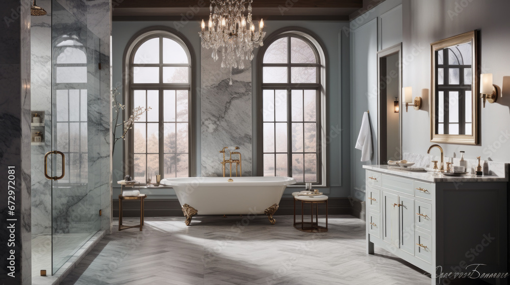 an inviting bathroom with a large marble shower and a vanity with a marble countertop and a freestanding tub