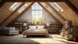 An inviting attic room with natural light and white-washed walls adorned with rustic wood accents