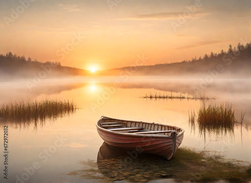 Tranquil Dawn Rowboat Serenity on a Pond,,, Morning Reflections Rowing Peacefully at Sunrise