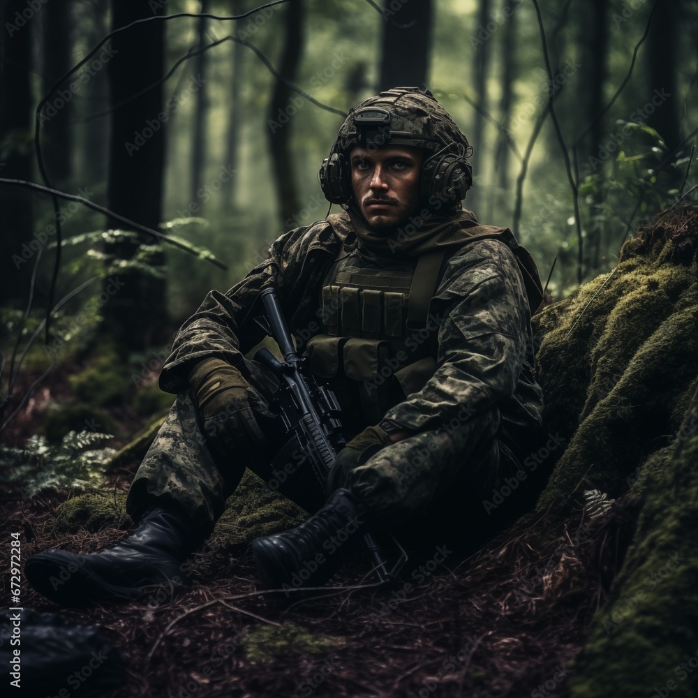 Obraz premium Military camouflage clothing, in forest with grunge effect, soldier