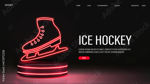 A web banner with neon glowing ice hockey skates on a 3d podium in red on a dark background. A concept for sports.