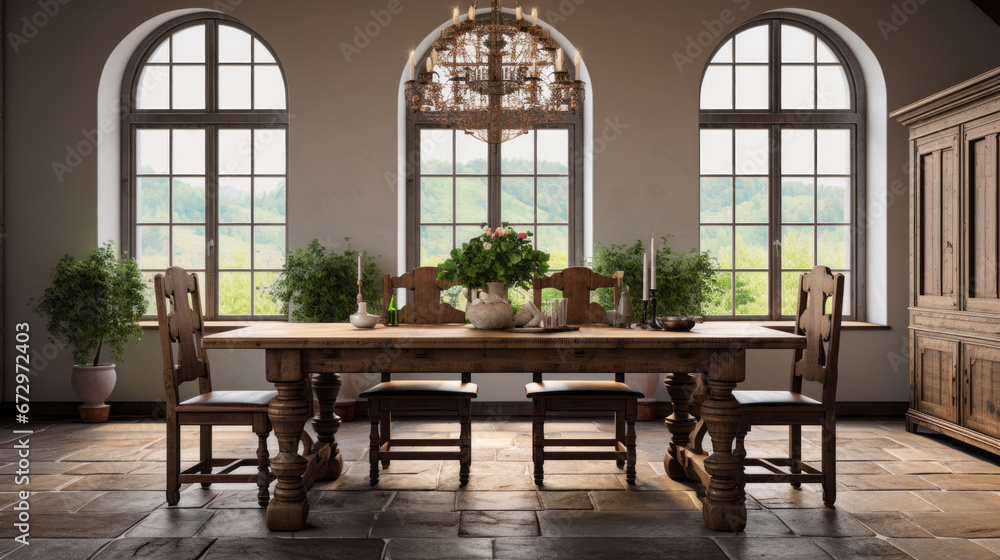 Fototapeta premium an inviting dining room with a large wooden table and four chairs and a chandelier