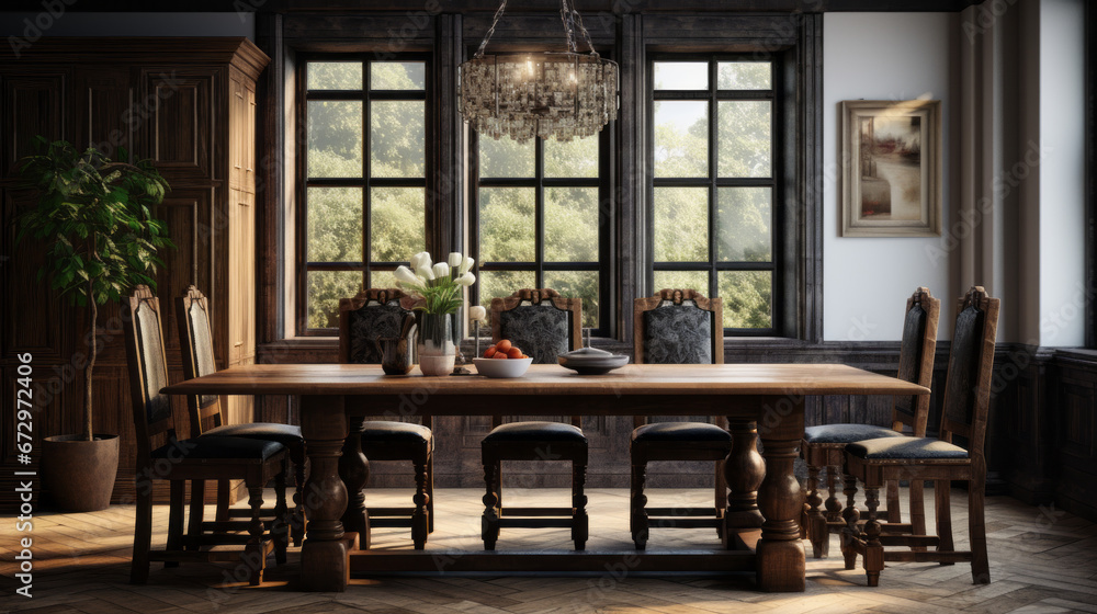 an inviting dining room with a large wooden table and six chairs and a chandelier