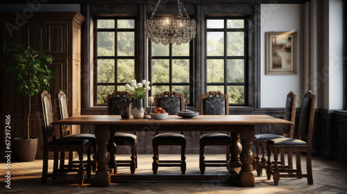 an inviting dining room with a large wooden table and six chairs and a chandelier