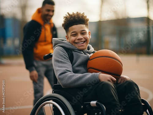 Boy in wheelchair, basketball playground