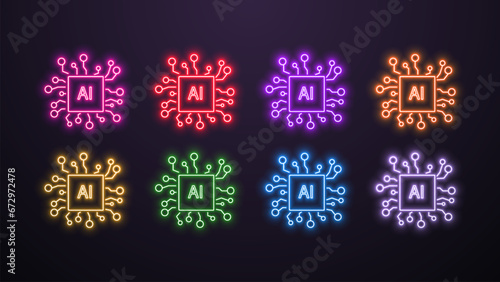 A set of bright shiny neon icons of artificial intelligence AI chip with neural networks in different colors on a dark background.