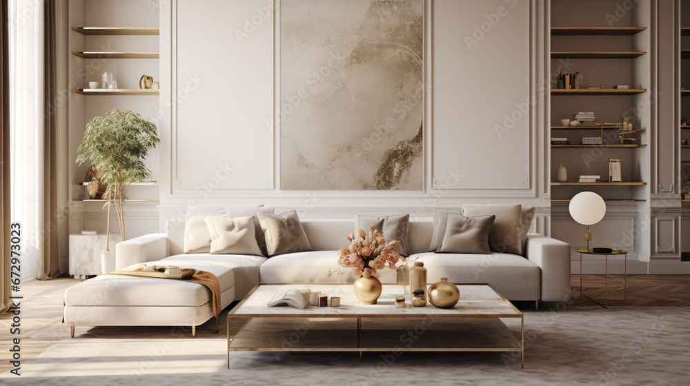 An inviting living room with an elegant velvet sofa and a marble-topped coffee table with gold accents - obrazy, fototapety, plakaty 