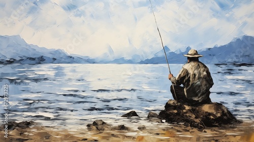 man sitting rock fishing ocean banner big bass argentina mountains lakes oil streamer shadows white fog young photo