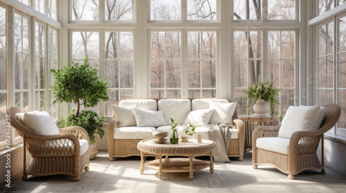an inviting sunroom with large windows and wicker furniture