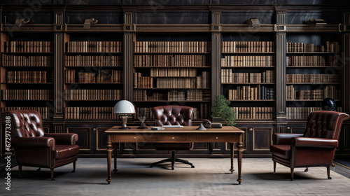 an office with a large wooden desk and two leather armchairs and a wall of bookshelves