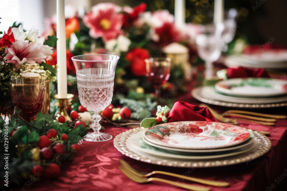 Naklejka premium Festive dining table set for Christmas dinner. Holiday decorations, wine glasses and tableware. Generative AI
