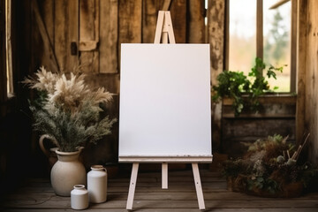 Wooden blank white easel mockup. Board for wedding inscription. Generative AI