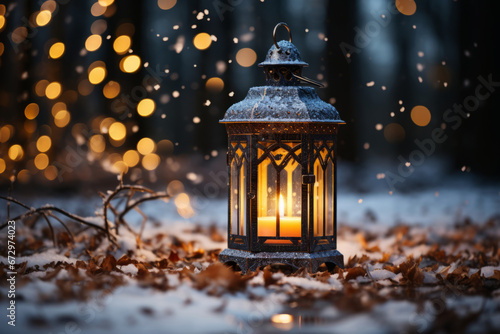 Decorated christmas lantern on snow. Generative AI