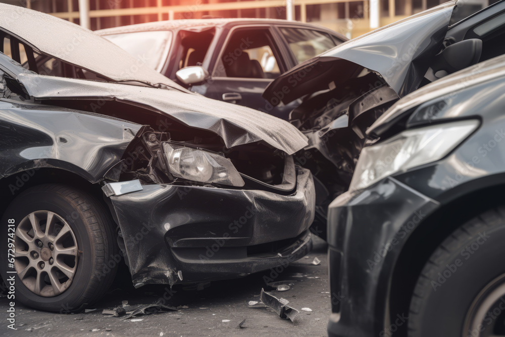 A car accident involving multiple vehicles causing damage. Damaged automobiles after collision. Generative AI A car accident involving multiple vehicles causing damage. Damaged automobiles after collision. Generative AI