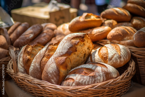 Fresh bread at a farmers market. Loaves of bread displayed in basket. Generative AI